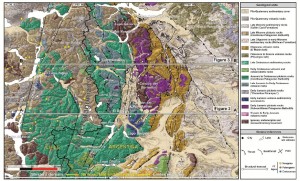 Geología de la región con las secciones estructurales realizadas.