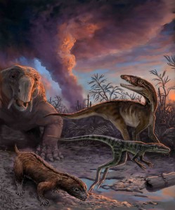 Se observa un grupo de animales que escapan de un volcán en erupción hace 235 millones de años en el noroeste de Argentina (ilustrado por Victor Leshyk).