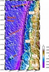 Morfología de la losa oceánica subducida y extensión de la zona de ruptura en los últimos megaterremotos.
