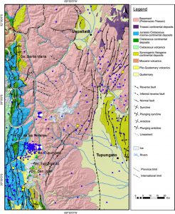 Mapa geológico de la región con la ubicación de los epicentros.