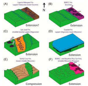 Reconstrucción paleogeográfica de los diferentes paleoambientes cenozoicos.