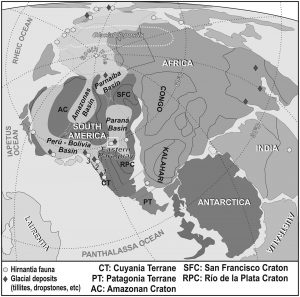 Paleogeografía de Gondwana en el Ordovícico Tardío, indicado la ubicación de la cuenca de Paraná. 