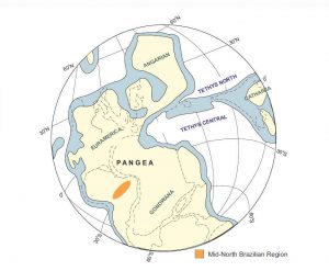 El supercontinente Pangea durante el Cisuralian, mostrando la posición geográfica intermedia de la Cuenca de Paranaíba entre Euroamérica y Gondwana.