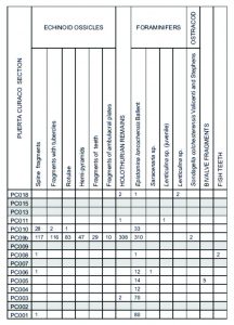 Distribución de los elementos de equinoideos encontrados junto a otros microfósiles en Puerta Curaco.