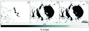 Figura que muestra las condiciones de iluminación del cráter Toro donde el sol tiene un acimut de 64,5º y el ángulo de elevación solar es de 4,8º.