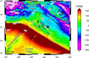 Anomalías de gravedad residual corregida por efectos topográficos y espesor sedimentario.