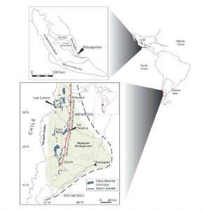 Ubicación de las localidades fosilíferas datadas en la Sierra Madre de México y en la cuenca neuquina de Argentina.