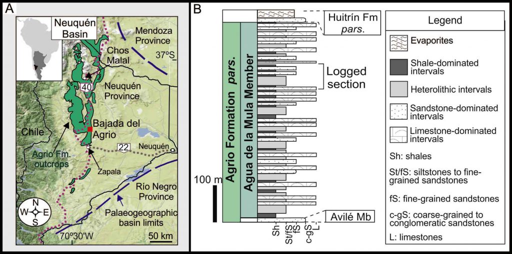 Ubicación geográfica y estratigráfica de las trazas fósiles estudiadas en la Cuenca Neuquina.