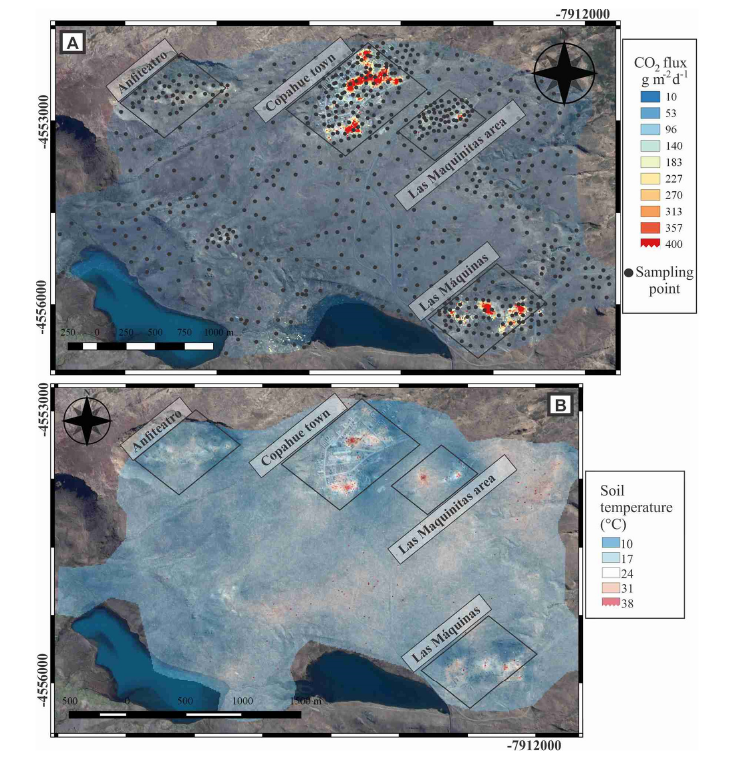 Mapa del flujo de dióxido de carbono difuso en el sector norte del área relevada por este estudio, combinado con el mapa estructural