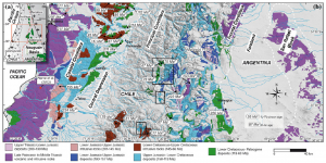 Mapa paleogeográfico del margen oeste de Sudamérica mostrando la distribución de ls depocentros de arco volcánico y basamento pre-Jurásico de la Cuenca Neuquina