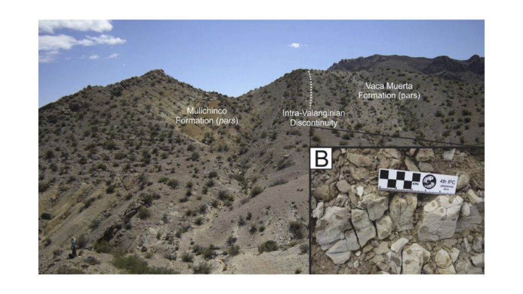 Vista General de la sección relevada en la Sierra de Cara de Cura y detalle de la discontinuidad intravalanginiana se parando la Formación Vaca Muerta de la Formación Mulichinco