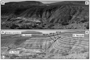 Anticlinal de Ranquil Co: cambios de inclinación y de espesor en los estratos del Grupo Neuquén ubicados en paraconcordancia sobre la Formación Huitrín, interpretados como estratos de crecimiento.