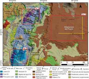 Mapa geológico del área de estudio, la cual comprende a los depocentros Cara Cura – Reyes expuestos en el núcleo de los anticlinales homónimos, y al depocentro Altiplanicie del Payún en subsuelo.