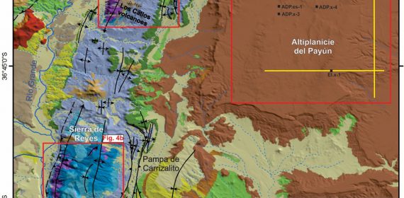 Mapa geológico del área de estudio, la cual comprende a los depocentros Cara Cura – Reyes expuestos en el núcleo de los anticlinales homónimos, y al depocentro Altiplanicie del Payún en subsuelo.